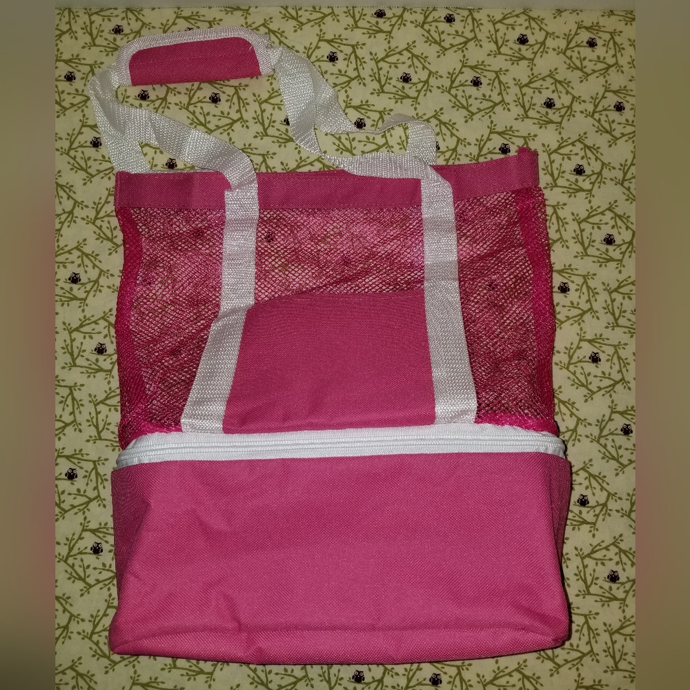 Pink Dual Compartment Mesh Insulated Tote Cooler Bag Picnic Lunch Box  Carry